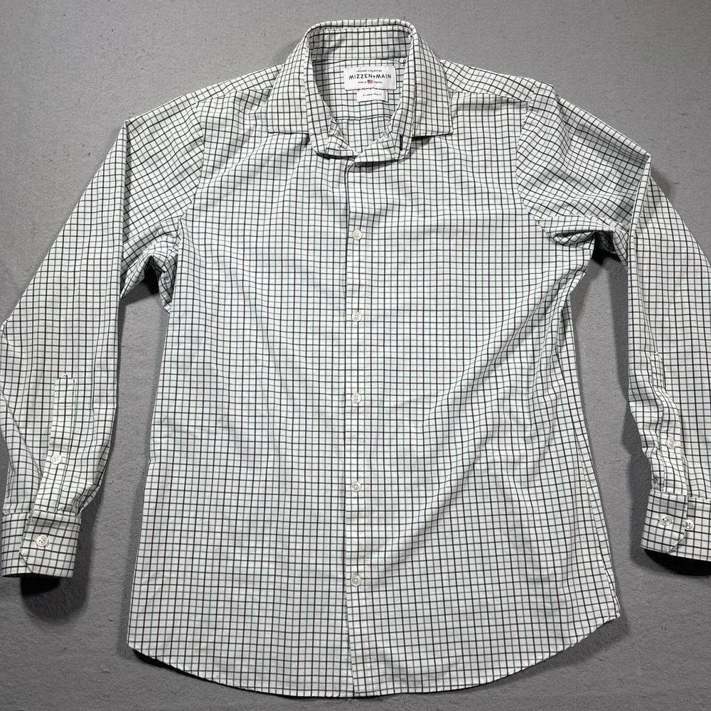 Mizzen+Main Leeward Collection Shirt XL Trim Fit Green Navy Check Performance - Picture 2 of 12